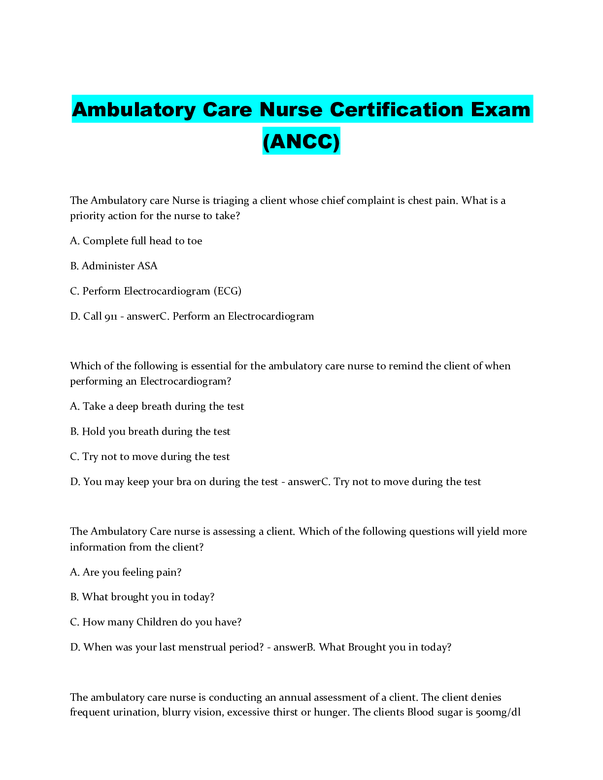 Preview of Ambulatory Care Nurse Certification Exam (ANCC)